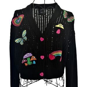 Social Collision Embroidered Crochet Mushroom Heart Cardigan Goth Indie Eclectic
